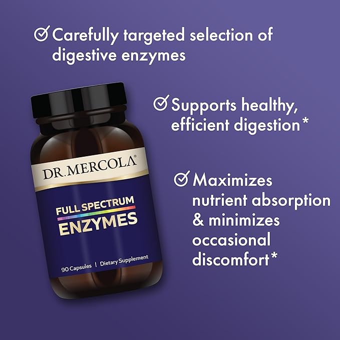 Dr. Mercola Full Spectrum Enzymes - 22 Different Enzymes - Supports Digestive & Immune Health - Helps Digest Carbohydrates, Fats, Proteins & Fiber - Non-GMO, Gluten-Free & Soy-Free - 90 Capsules