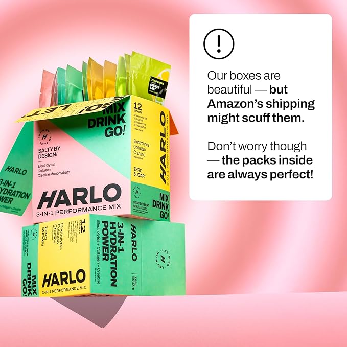 Harlo - Variety 12-Pack Electrolyte Mix with Added Bovine Collagen & Creatine - Creatine Monohydrate Powder, Energy Drink Powder, Sugar Free Energy Drinks - Citrus, Pineapple, Raspberry, Watermelon