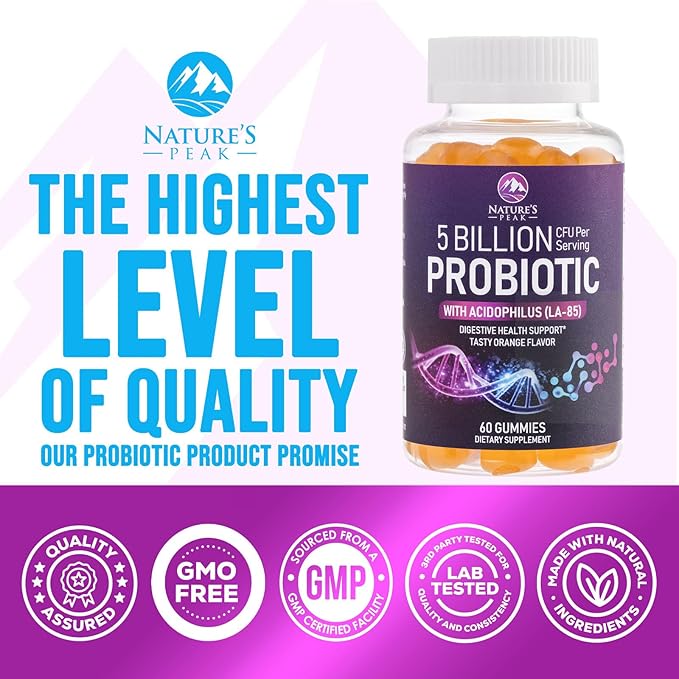 Probiotic Gummies for Women, Men & Teens - 5 Billion CFUs, 6 Probiotic Strains, Orange Flavor - Daily Gummy Probiotics Supplement for Natural Digestive Health, “Good” Gut & Immune Support - 60 Count