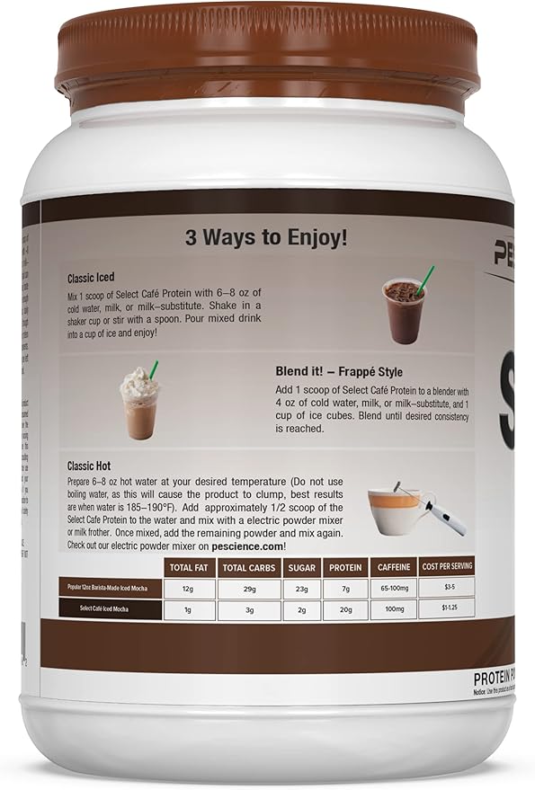 PEScience Select Cafe Protein, Iced Mocha, 20 Servings, Coffee Flavored Whey and Casein Blend with Caffeine