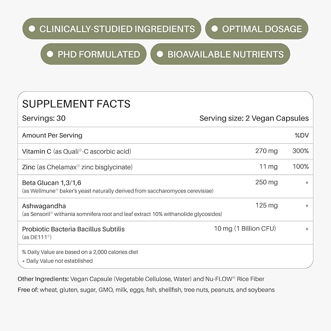 Defend Immune & Gut Support – Spore Probiotic DE111®, Beta Glucan, Ashwagandha – Cortisol Balance, Bloating & Stress Relief – 60 Capsules