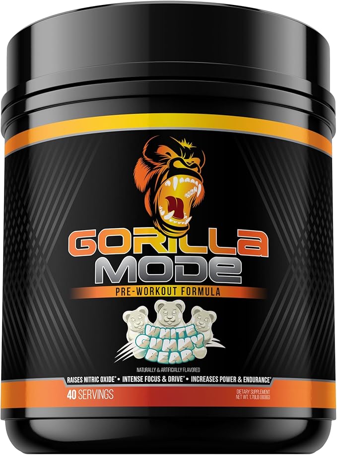 Gorilla Mind Pre Workout - Massive Pumps Laser Focus Energy Power - L-Citrulline, Creatine, L-Tyrosine, Betaine, Hydroprime, Alpha-GPC, 400mg Caffeine, Huperzine A 808g (White Gummy Bear)