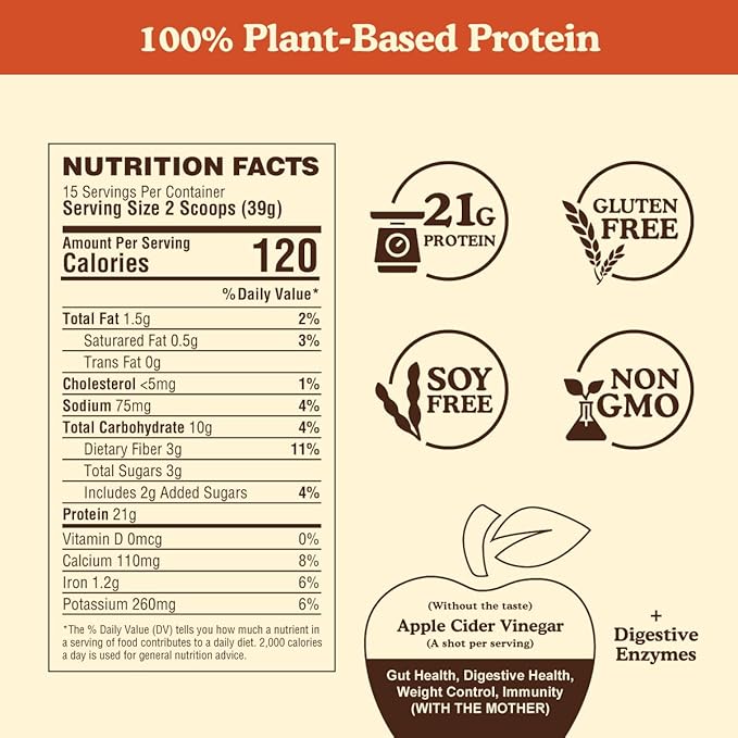 Meal Replacement Shakes, 21g Protein, Vegan Plant Based Protein Powder, Apple Cider Vinegar, Digestive Enzymes, All in One Shake for Women & Men (15 Servings, Cocoa Cream)