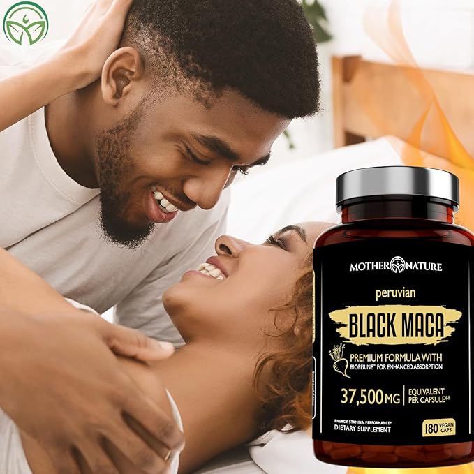 Mother Nature 37,500mg 50x Strength Organic Highly Concentrated Peruvian Black Maca Root Capsules for Men 100% Pure Maca Peruana 50:1 Extract to Boost Stamina, Enegy, Muscle Gain - 180ct