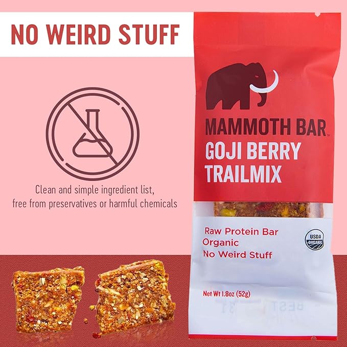 Mammoth Bar Goji Berry Trail Mix - 10 Organic Protein Bars – Prebiotic • Paleo • Gluten Free • Egg Protein • GMO Free • Raw • Premium Nuts
