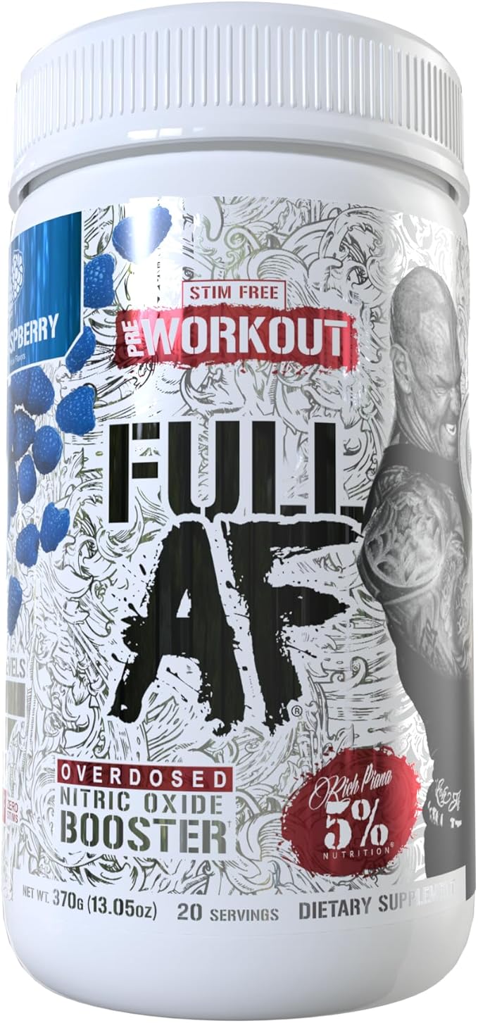 5% Nutrition FullAF Pre-Workout | Stim-Free with Massive Pumps | L-Citrulline, L-Taurine, Nitrosigine, GlycerSize | 13.05 oz (Blue Raspberry)