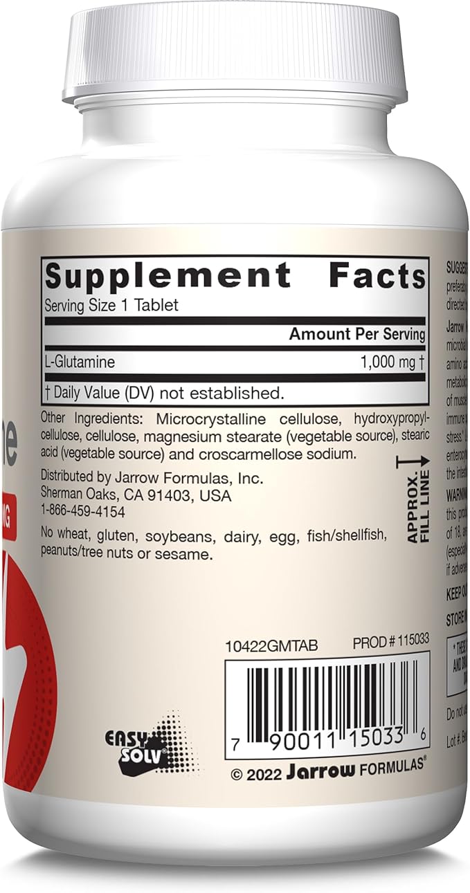 Jarrow Formulas L-Glutamine 1000 mg, Dietary Supplement for Muscle Tissue, Multifunctional Amino Acid, Immune Support, 100 Easy-Solv Tablets, 50-100 Day Supply, Pack of 12