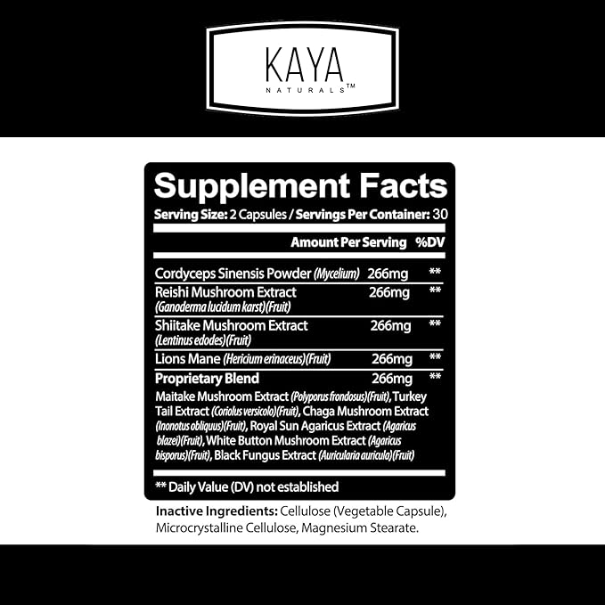 Kaya Naturals Premium Mushroom Complex Potent - Mushroom Complex Capsules 1330mg Per Serving - Aids Mental Clarity Supports Immune System, Wellness & Vitality - 60 Count