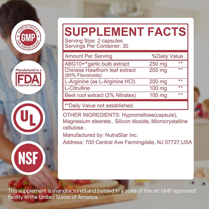 HUJ Blood Pressure Health Supplement, Plant-Based Formula with Black Garlic, Hawthorn, Beetroot, L-Arginine, L-Citrulline, 60 Capsules