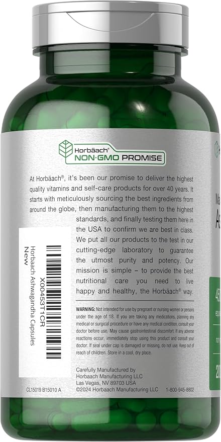 Horbäach Ashwagandha Supplement | Max Strength | 200 Capsules | for Women and Men | Non-GMO, Gluten Free