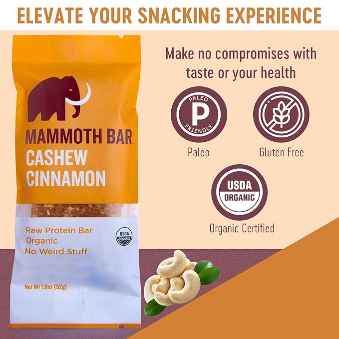 Cashew Cinnamon Bar- Organic, Paleo, Gluten Free and Raw by Mammoth Bar, 10-12g Protein, 1.8 Oz. Bar (10 Bars) …