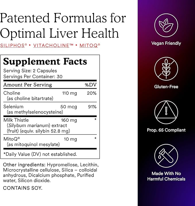 MitoQ +Liver Premium CoQ10 Antioxidant - Contains Mitoquinol Mesylate, Choline, Milk Thistle, Selenium - Supports Metabolism, Liver Health, Body’s Natural Detoxification & Cell Vitality (60 Capsules)