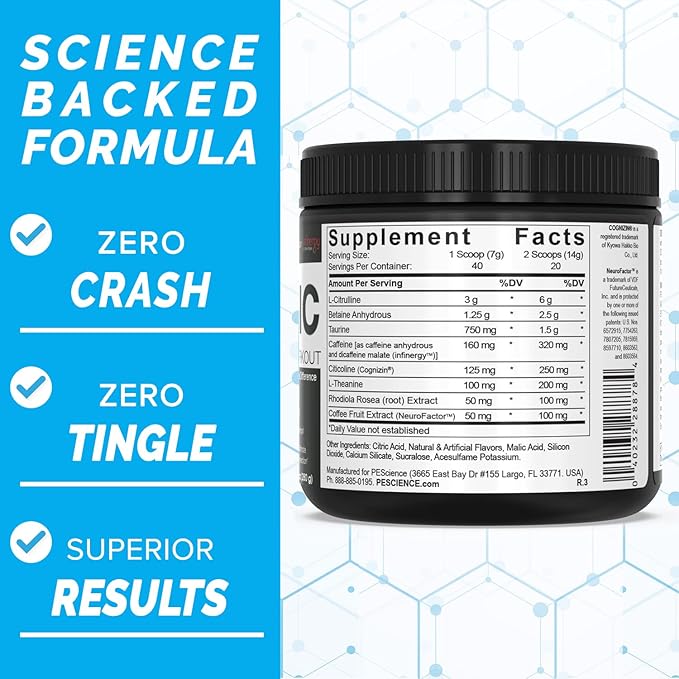 PEScience Prolific Energy Pre Workout – L Citrulline for Nitric Oxide, Rhodiola & CDP Choline Nootropic for Focus – Preworkout for Men & Women – 40 Scoops, Sour Green Apple