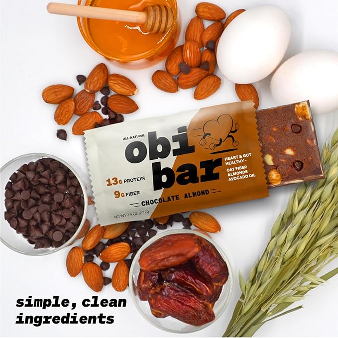 Obi Bar Chocolate Almond - Protein and Oat Fiber Bar | All-Natural | Sustained Energy | Lightly Sweet Taste | 100% Cocoa, Almond Chunks | MADE WITH AVOCADO OIL | Egg White Protein | Soy Free, Dairy Free, No Sugar Alcohol, No Seed Oils | 2.4oz, 12 Pack