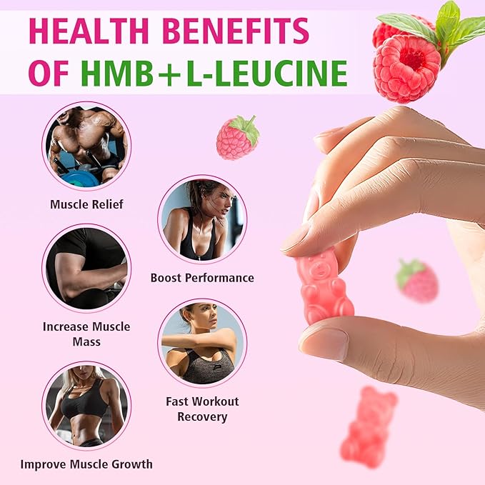 HMB and L-Leucine Gummies, 3000mg HMB and Leucine Amino Acid for Muscle Growth, Muscle Mass, Muscle Relief, and Fast Workout Recovery, for Men & Women, Sugar-Free, Raspberry Flavor, 60 Count