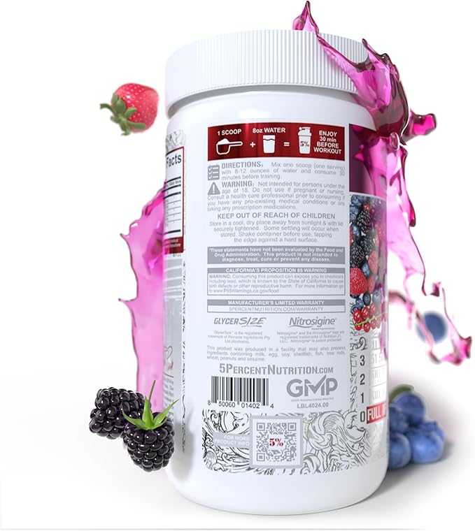 5% Nutrition FullAF Pre-Workout | Stim-Free with Massive Pumps | L-Citrulline, L-Taurine, Nitrosigine, GlycerSize | 13.05 oz (Wildberry)