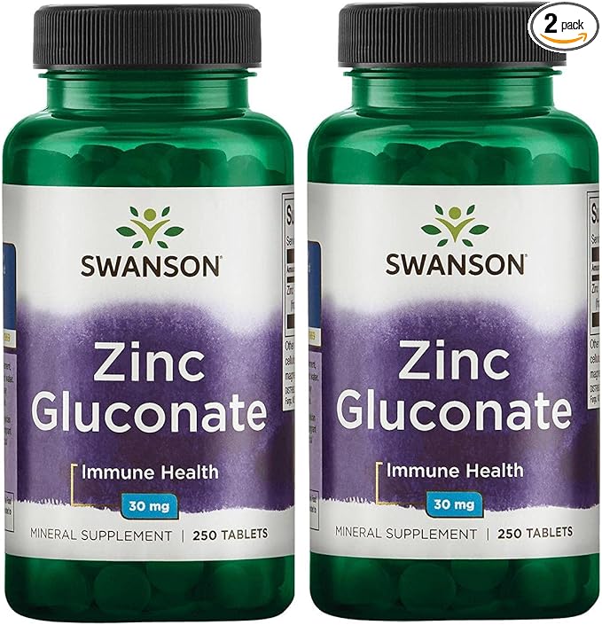 Swanson Zinc Gluconate - Mineral Supplement Promoting Prostate Health, Vision Health, & Immune Support -Gluconate Form for Optimal Absorption - (250 Tablets, 30mg Each) (2 Pack)