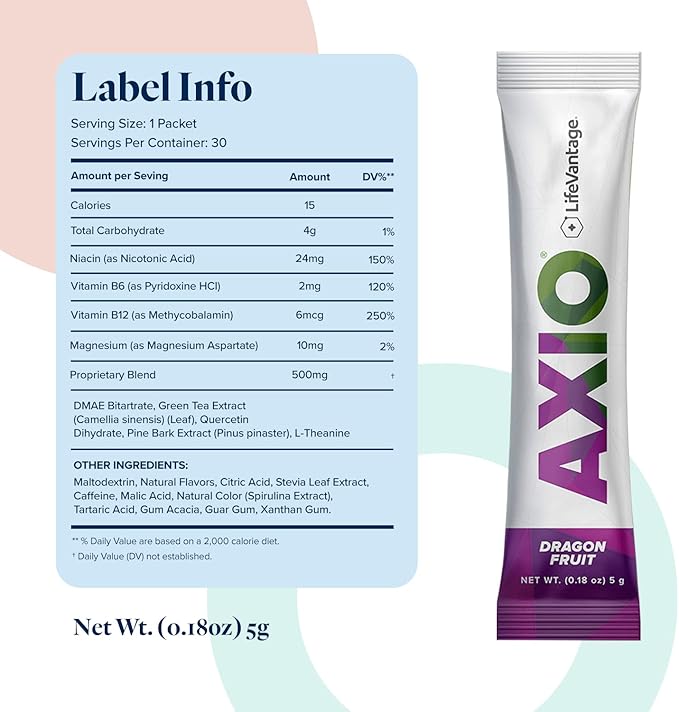 LifeVantage - AXIO - Regular Energy Drink Powder, Dragonfruit - with B Vitamins, DMAE, L-Theanine, Quercetin, Green Tea and Pine Bark - 30 Packets