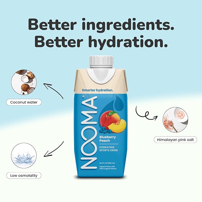 NOOMA - Hydrating Sports Drink - Electrolyte Drink with Organic Coconut Water - Organic & No Added Sugars - Rapid Hydration - 30 Calories & 505mg Electrolytes - Blueberry Peach - 12 Pack (16.9oz each)