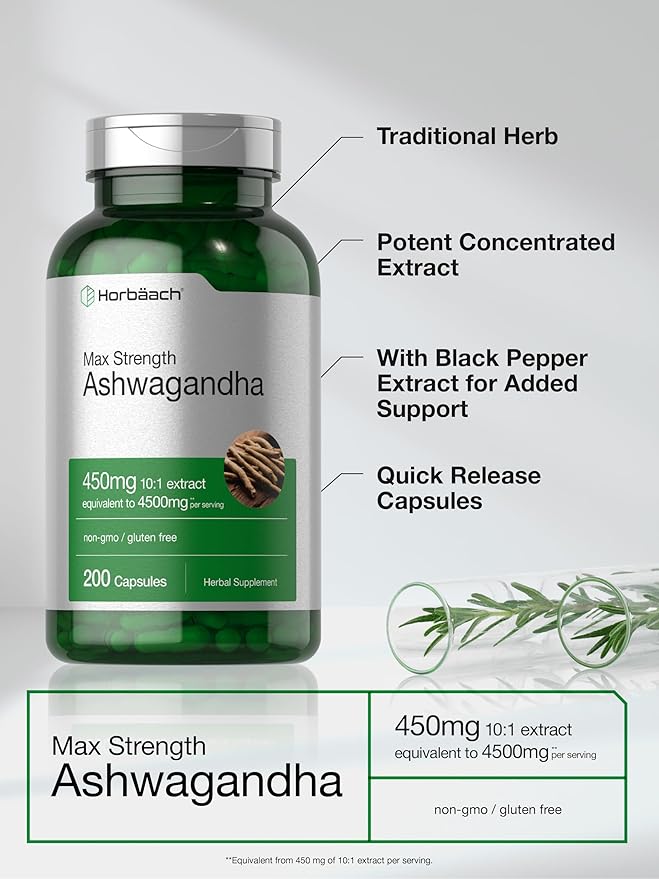 Horbäach Ashwagandha Supplement | Max Strength | 200 Capsules | for Women and Men | Non-GMO, Gluten Free