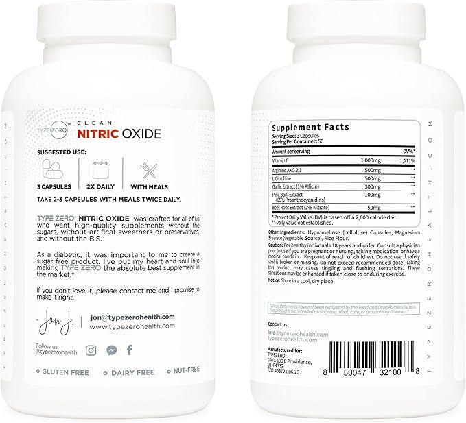 Type Zero Nitric Oxide 6X Booster, 150 Veggie Capsules - Natural Supplement - Beetroot, Arginine AKG, Citrulline, Pine Bark, Garlic & VIT C | #1 Nitric Oxide Pills for Men, Nitrous Oxide Blood Flow