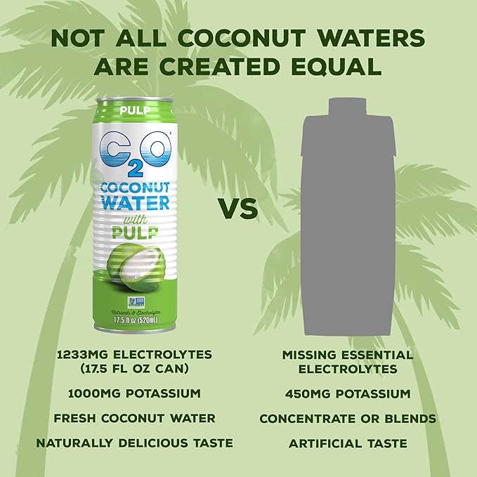 C2O - Coconut Water with Pulp (12 Pack) - Made with Fresh Coconut Water - Plant Based - Non GMO - Canned Water - Natural Hydration, Essential Electrolytes, & Potassium - 12 Cans, 17.5 FL OZ