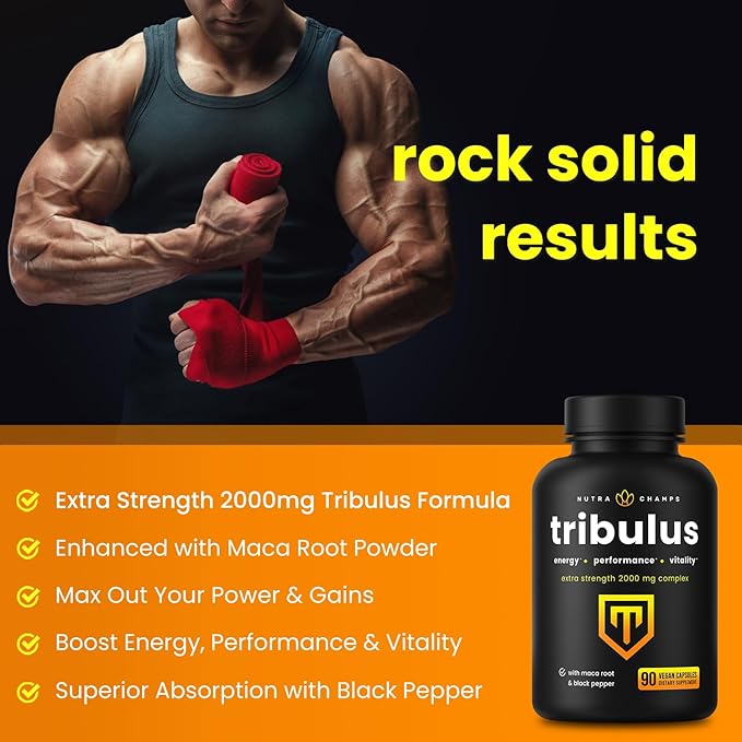 NutraChamps Tribulus Terrestris for Men, 2000mg Supplement Booster for Energy, Vitality, Stamina & Performance, Extra Strength Saponins, 90 Vegan Capsules