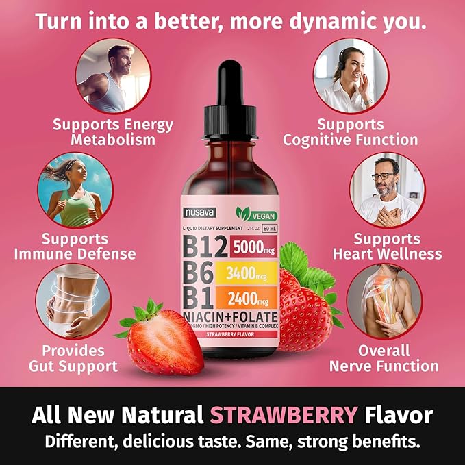 (4 Pack) Vitamin B12 and B6 Liquid Drops, B12 Sublingual Vitamin B Complex - B 12 Vitamin 5000mcg - B12 Methylcobalamin for Energy, Brain, and Heart Support with 27,200 mcg, Strawberry, 80 Servings
