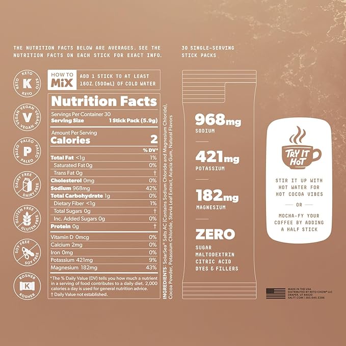 Keto Chow SALTT Electrolytes Powder Flavored Drink Mix - All Things Chocolate - 30 Hydration Packets - Magnesium, Potassium, Sodium, Trace Minerals - Zero Sugar & Gluten Free - Travel Essentials