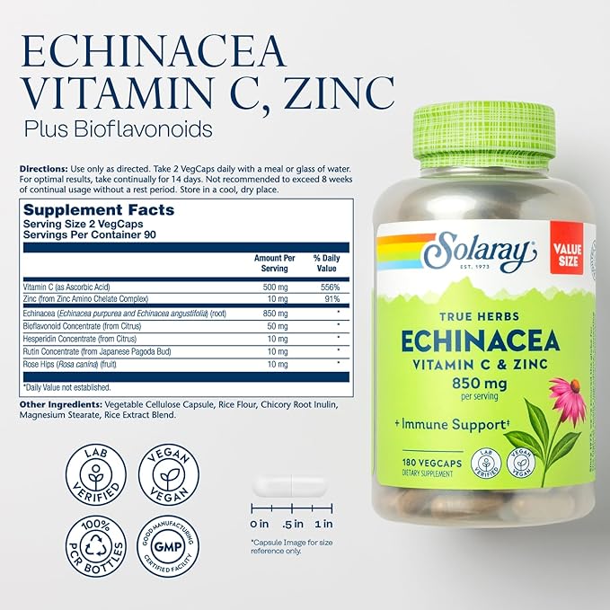 SOLARAY Echinacea Vitamin C & Zinc 850mg Plus Bioflavonoids, Echinacea Capsules for Healthy Immune Support, Vegan, Lab Verified, 60-Day Money-Back Guarantee, 90 Servings, 180 VegCaps