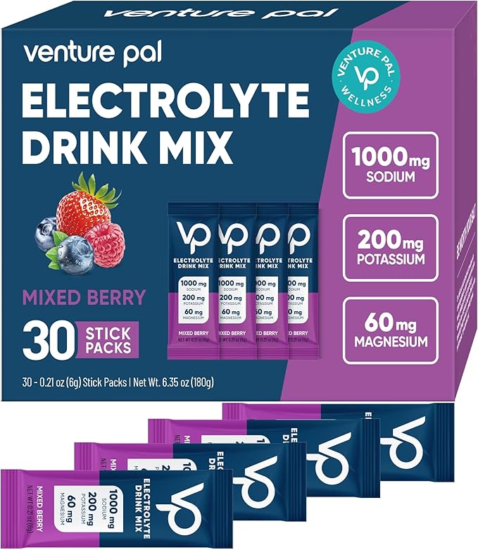 Venture Pal High Sodium Sugar-Free Electrolyte Powder Packets - Hydration Packets with Sodium, Potassium & Magnesium | Zero Calories | Vegan, Keto, and Paleo Friendly | 30 Sticks