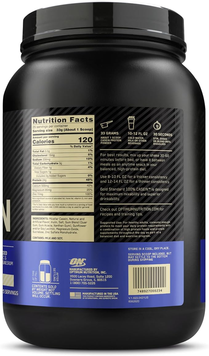 Optimum Nutrition Gold Standard 100% Micellar Casein Protein Powder, Slow Digesting, Helps Keep You Full, Overnight Muscle Recovery, Creamy Vanilla, 1.81 Pound (Packaging May Vary)