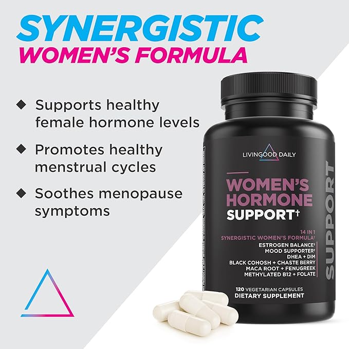 Livingood Daily Women’s Hormone Support Supplement, Estrogen Balance with Fenugreek, Black Cohosh, Chasteberry, DIM, Natural PMS & Menopause Support, Non GMO, Gluten Free, Vegetarian Capsules, 120 Ct