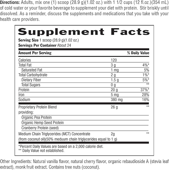 Biochem Vegan Protein Powder, 20g Pure Plant-Based Protein per Serving, Organic Pea, Hemp & Cranberry, Soy-Free, Gluten-Free, Vanilla, 1.5 lb