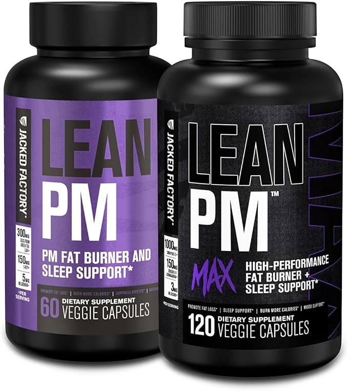 Jacked Factory Lean PM & Lean PM Max Night Time Fat Burner, Sleep Aid Supplement, & Appetite Suppressant for Men and Women (180 Capsules)