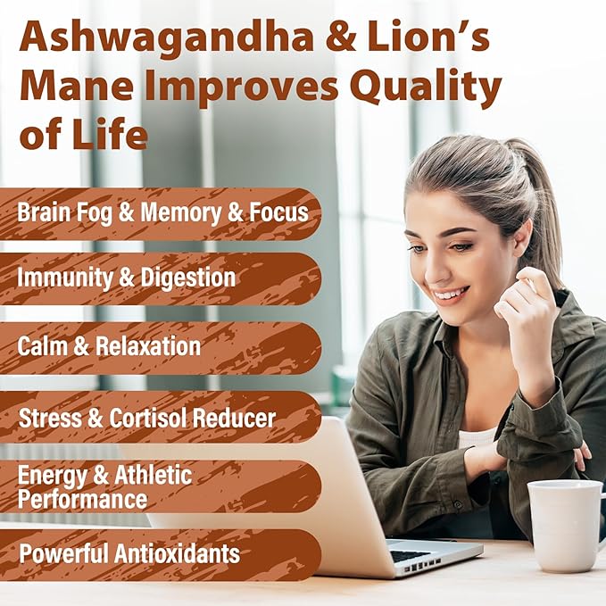 Ashwagandha & Lions Mane Supplement Capsules, Brain Supplements for Memory and Focus, Ashwagandha Supplement with Rhodiola & Black Peppe, Cortisol Supplements for Women & Men,90 Caps