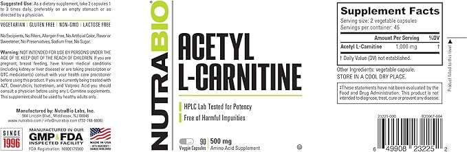 NutraBio Acetyl L-Carnitine (ALCAR) Supplement, 500mg - Support Natural Energy Production, Metabolic Management, and Overall Health, 90 Capsules