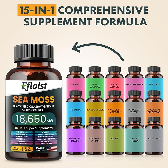 Sea Moss Black Seed Oil Ashwagandha Ginger & Burdock Root Turmeric Bladderwrack Chlorophyll ACV Supplement for Immunity, Skin 120 Count