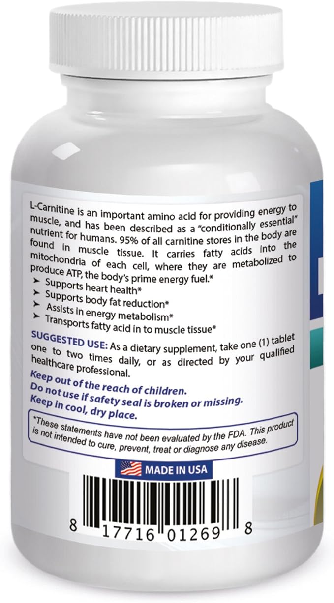 Best Naturals L-Carnitine Fumarate 1000mg per Tablet - 120 Count - Boosts Cellular Energy