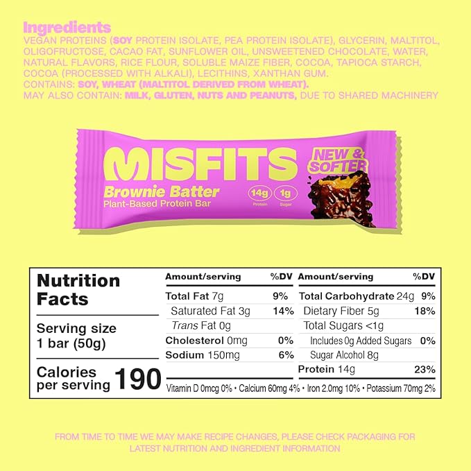 Misfits Vegan Protein Bars, Brownie Batter - Updated Recipe | Plant Based, Low Sugar & Carb, High Fiber Snacks | Pack of 15
