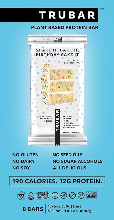 TRUBAR Vegan Protein Bar, Shake it Bake it Birthday Cake it, Gluten Free, Plant Based Protein, Dairy Free, Non GMO, Soy Free, No Sugar Alcohols, 12G Protein, 12G Fiber, 23G Carb, On the Go Snack Bars, 8ct