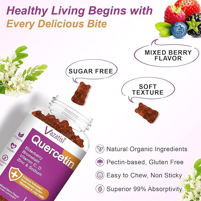 Quercetin Gummies, Quercetin with Vitamin C Zinc, Bromelain, Elderberry and Vitamin D, Immune Support Adults Kids, Women Men 120 Gummies Chewable