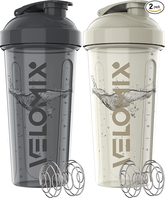 -2 Pack- 28 oz Protein Shaker Bottles for Protein Mixes - 2x Wire Whisk | Leak Proof Shaker Cups for Protein Shakes | Protein Shaker Bottle Pack | Shakers for Protein Shakes-Gray&White