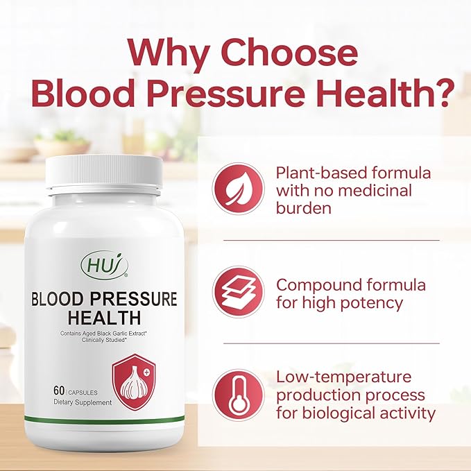 HUJ Blood Pressure Health Supplement, Plant-Based Formula with Black Garlic, Hawthorn, Beetroot, L-Arginine, L-Citrulline, 60 Capsules