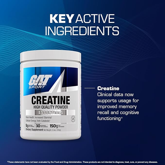 GAT SPORT Creatine Monohydrate Powder, 150 Grams, Strength, Brain Health, GLP1 Support Anti-oxidant, Endurance, for Men & Women, 1 Month Supply, Unflavored (30 Servings)