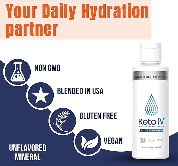 Keto IV Electrolyte Drops + High Potassium | No Leak Dropper Bottle | 500mg Potassium + Magnesium, Sodium & Zinc | Raw Mineral Flavor | 30 Servings