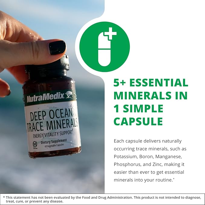 NutraMedix Deep Ocean Trace Minerals 1,000mg - Mineral & Energy Supplements - Magnesium, Zinc, Potassium, Boron, Phosphorus & Manganese - Electrolyte Support (60 Capsules)