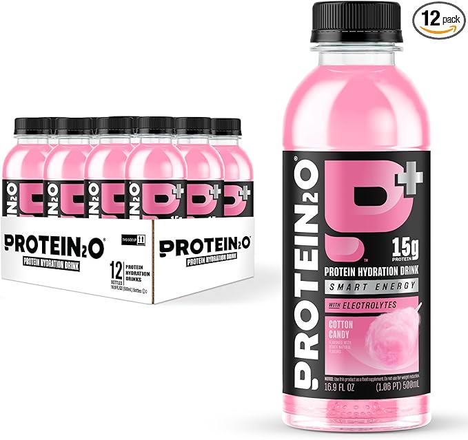 Protein2o 15g Whey Protein Isolate Hydration Drink Plus Energy & Focus, 350mg of Electrolytes, Vitamins B5 & B6, Sugar Free, Cotton Candy, 16.9 oz Bottle (Pack of 12)