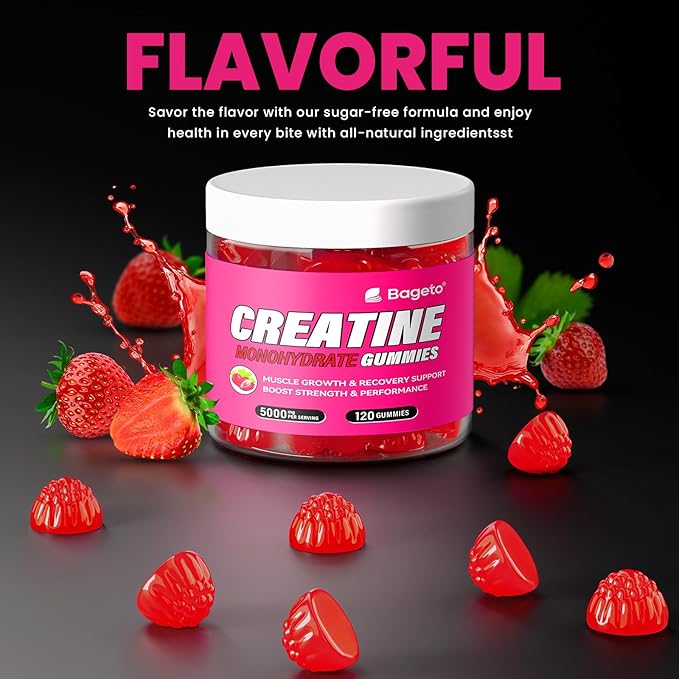 Creatine Monohydrate Gummies 5000mg for Men & Women, Gomitas de Creatina 5g Creatine Monohydrate,0g Sugar Chewables Creatine Pre-Workout for Muscle Strength, Vegan (Strawberry 2)