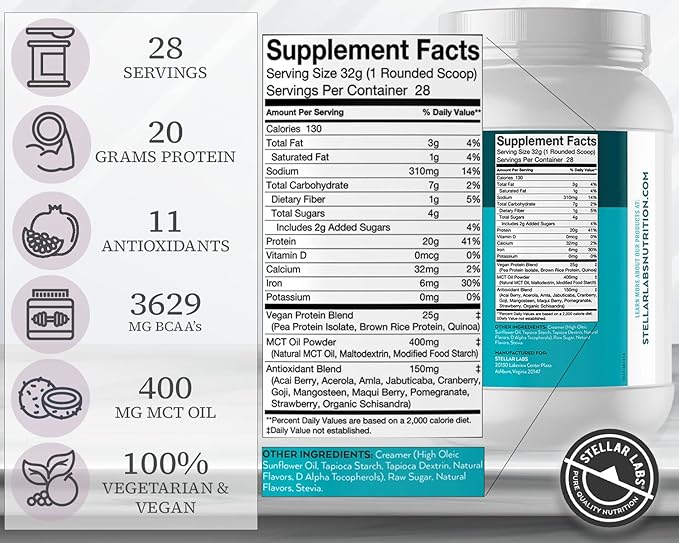 Stellar Labs Vegan Protein Powder with BCAA's & Antioxidants | Certified Low FODMAP, Non GMO, Gluten Free, Soy Free, Low Carb, with Stevia | Lean Plant Based Protein Powder Shakes | Vanilla